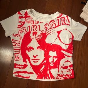 Red “girls, girls, girls” shirt.